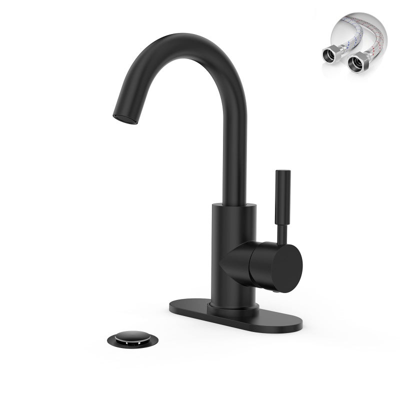 Phiestina Single Hole Matte Black Single-Handle High-Arc Stainless Steel Faucet for Pre-Kitchen Sink/Bar Sink/Bathroom Sink, with 4 Inch Deck Plate and Supply Hoses, Matte Black, WE08E-MB - Image 1